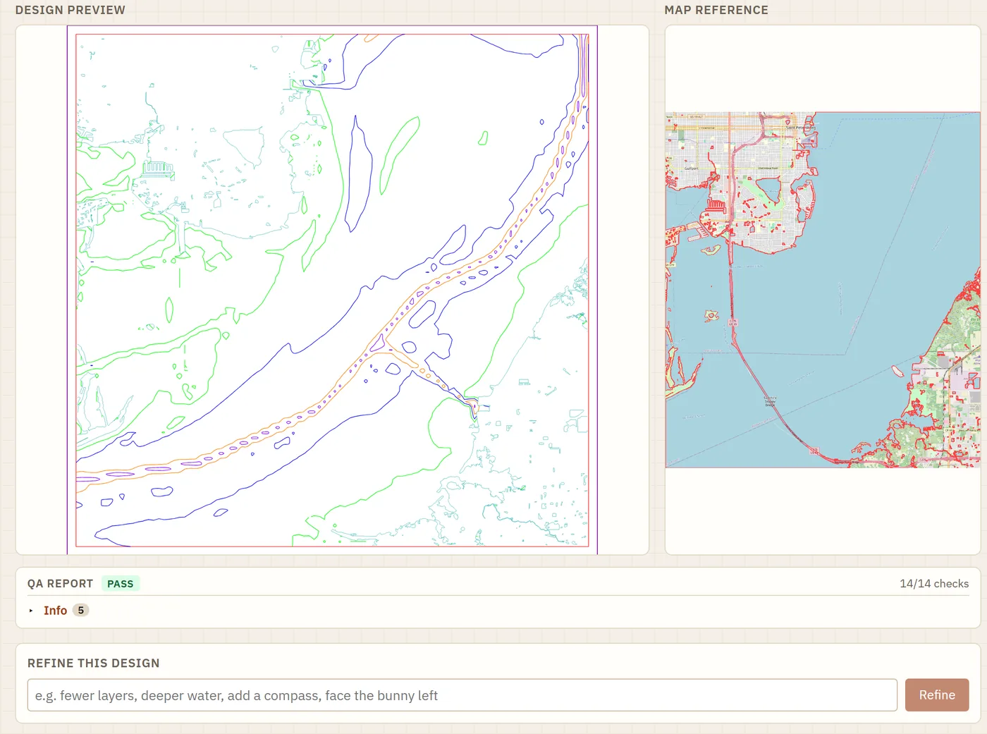 StrataBurn showing a finished Tampa Bay design next to the map of the selected area, with its check results and a box for changes