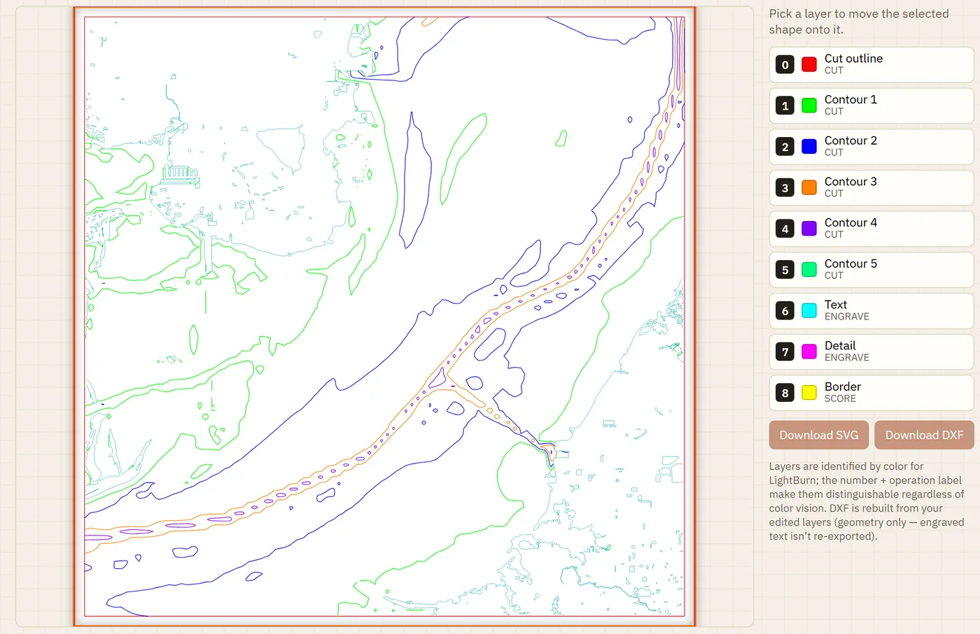 The layer editor with a shape selected and the list of cut, engrave and score layers