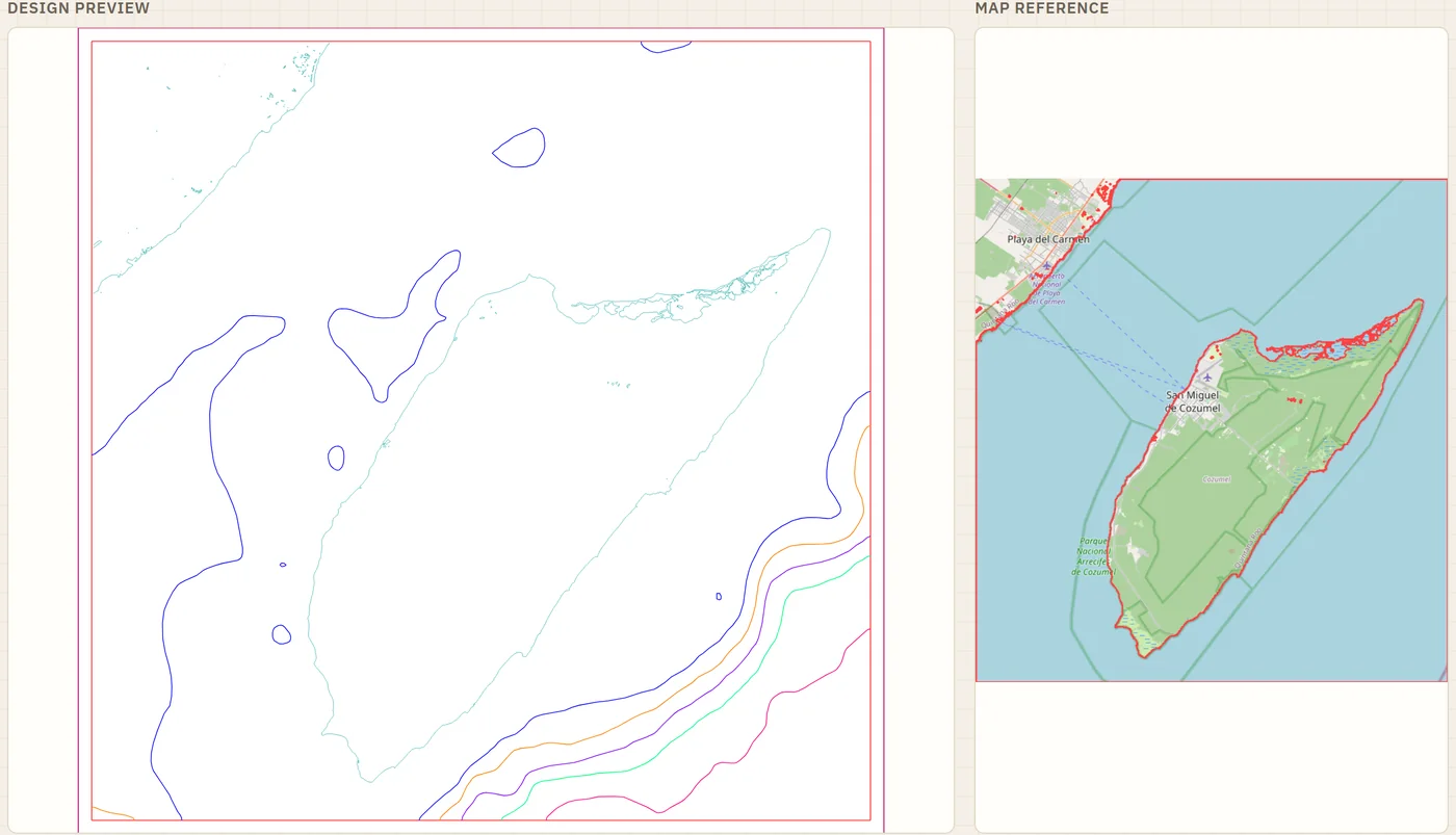 A StrataBurn design of Playa del Carmen and Cozumel, with ocean depth layers around the outlined island