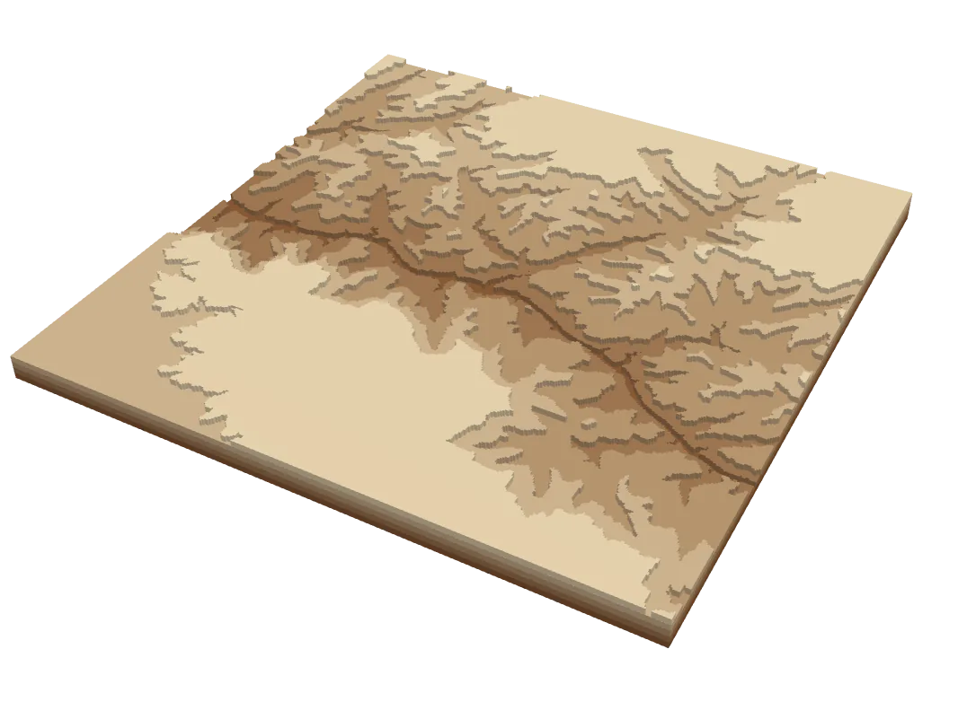 Grand Canyon as stacked wood layers, showing the Colorado River cut between the South and North Rims