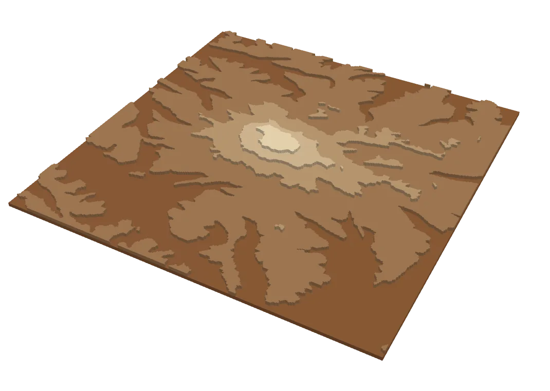 Mount Rainier as stacked wood layers, showing the summit cone and the ridges running off it