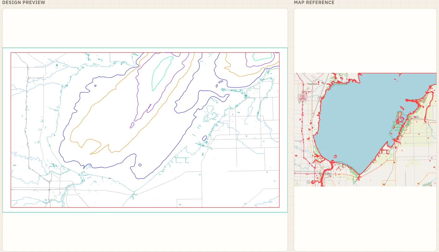 A StrataBurn design of Saginaw Bay, Michigan, with depth layers, roads and rivers, beside the map of the selected area